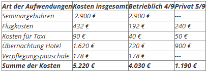 Reisekosten: Aufteilung betrieblicher und privater Kosten (Beispiel)